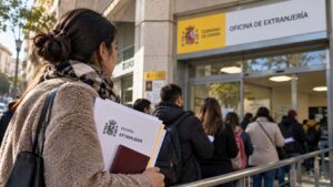 Personas adultas esperando en una oficina de extranjería en España con sus documentos.