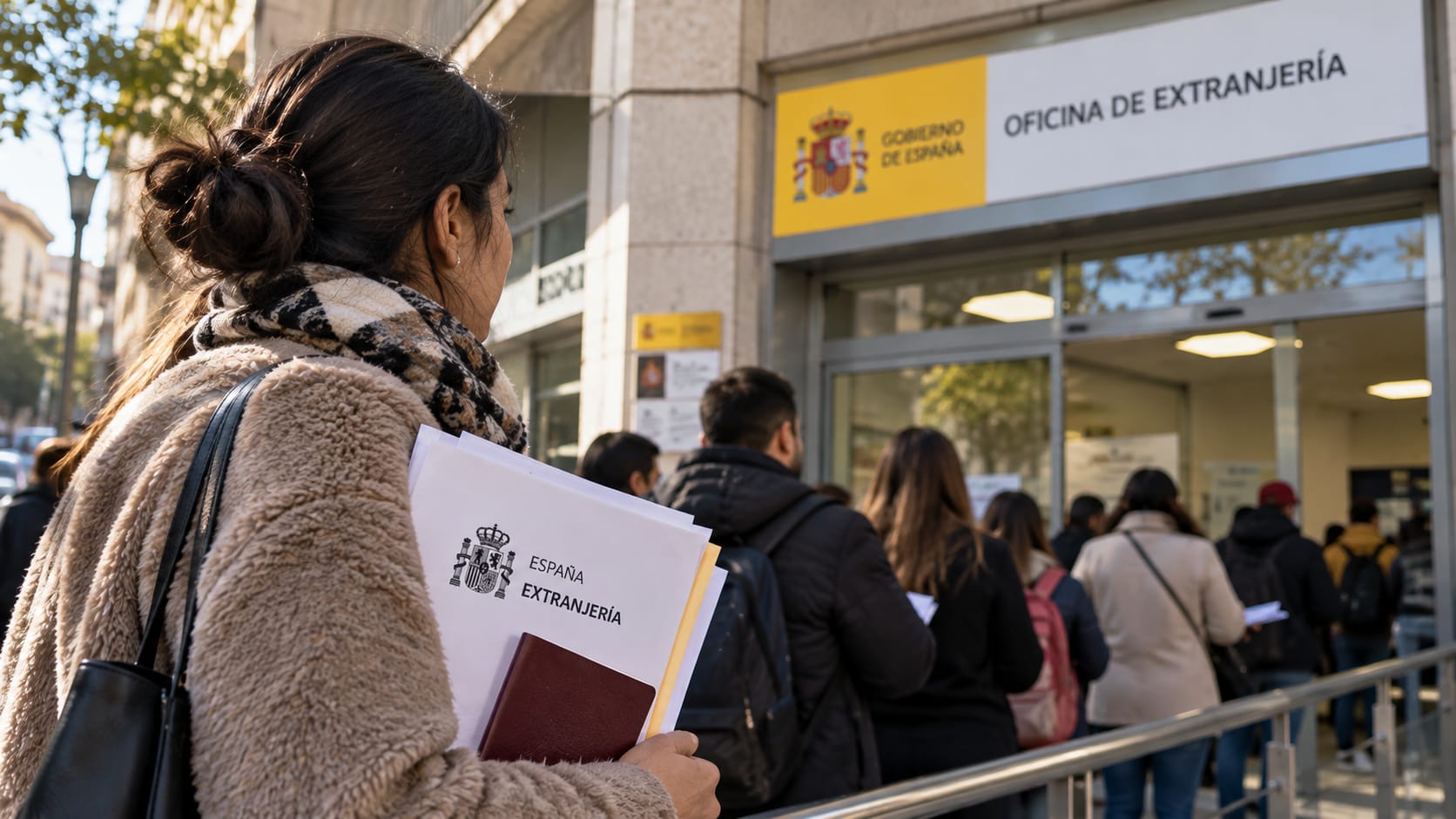 Personas adultas esperando en una oficina de extranjería en España con sus documentos.