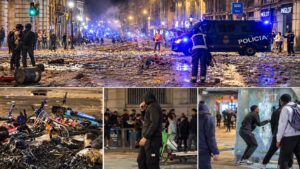 Texto alternativo: Collage de disturbios urbanos nocturnos en Barcelona, con calles llenas de escombros, vehículos policiales, humo y daños en el mobiliario urbano.