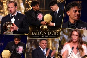 Collage del Balón de Oro 2026 con Harry Kane, Lamine Yamal y otros protagonistas de la gala