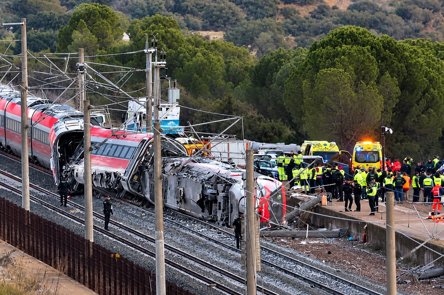 Accidente ferroviario en Toledo visto desde el aire, con trenes y equipos de emergencia.